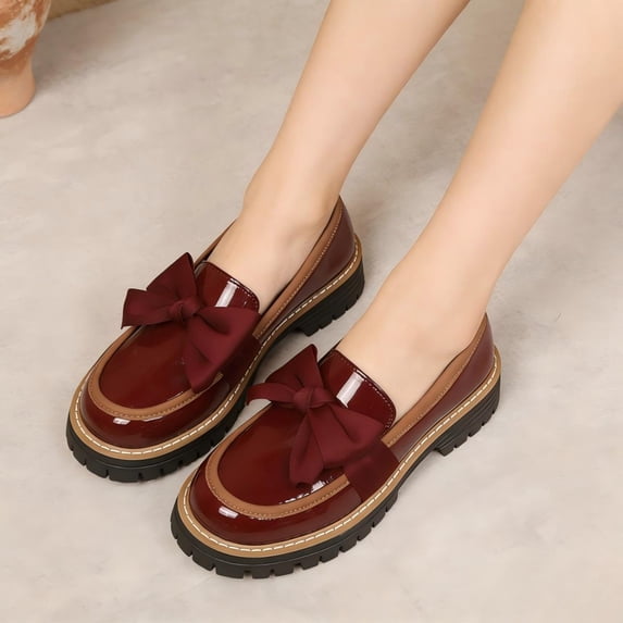 Women Patent Leather Round Toe Loafers, Bow Accent Chunky Heel Platform Casual Shoes