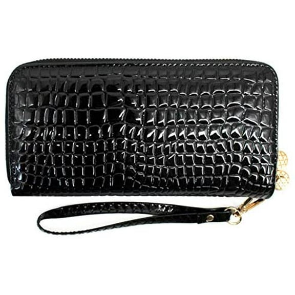 Women Patent leather Handbag Wallet Money Coin Purse Card ID Organizer Double Zip Around Black