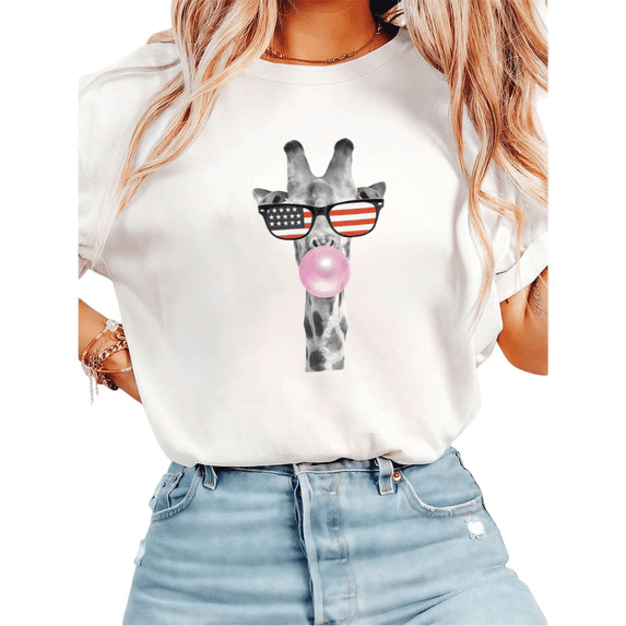 Women Patriotic Giraffe Bubble Gum USA Flag Graphic Tees T-Shirt Tops Round Neck Cotton T-Shirt White S-5XL