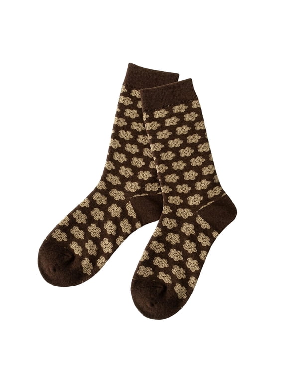 Women Patterned Crew Socks Brown Tone Knit Socks for Fall Winter, Soft Casual Socks
