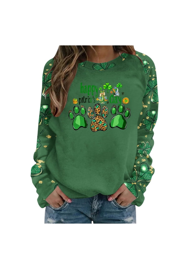 Women Paw prints Top St. Patrick Long Sleeve Raglans Sweatshirt Lucky Shamrock Shirt Casual Oversized Pullover Sweatshirts Round Neck Shirts Holiday Gatherings Costume