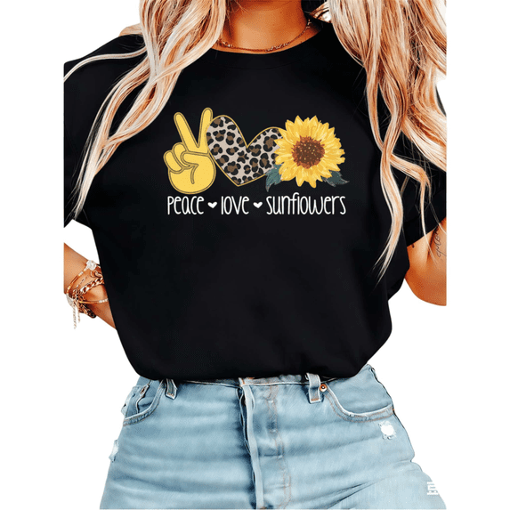 Women Peace Love Sunflowers Leopard Graphic Tees T Shirt Tops Round neck Printed Cotton T Shirt Black S-5XL