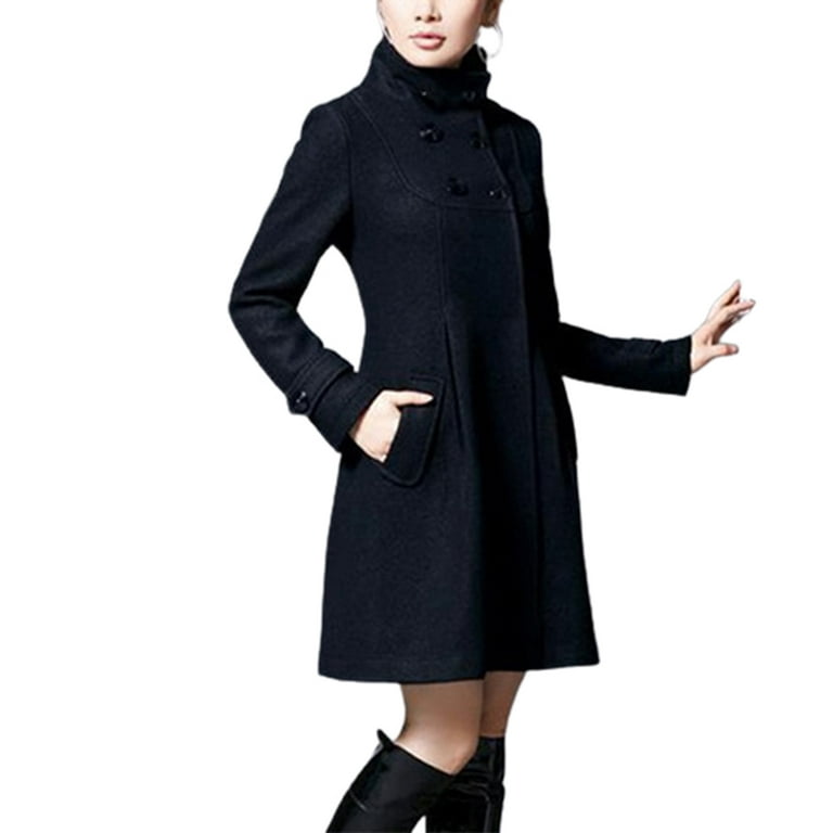 CKLC Women Peacoat Fleece Coat Standing Collar Medium Long Trench Coat  Double Breasted Design for Girls Winter Fall(Dark Grey,XL) 