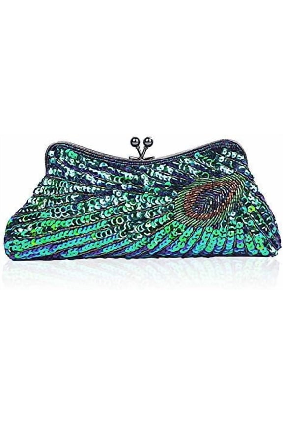 Women Peacock Evening Clutch Purse Sequins Beaded Evening Bag Kiss Lock for Cocktail Wedding Prom Party