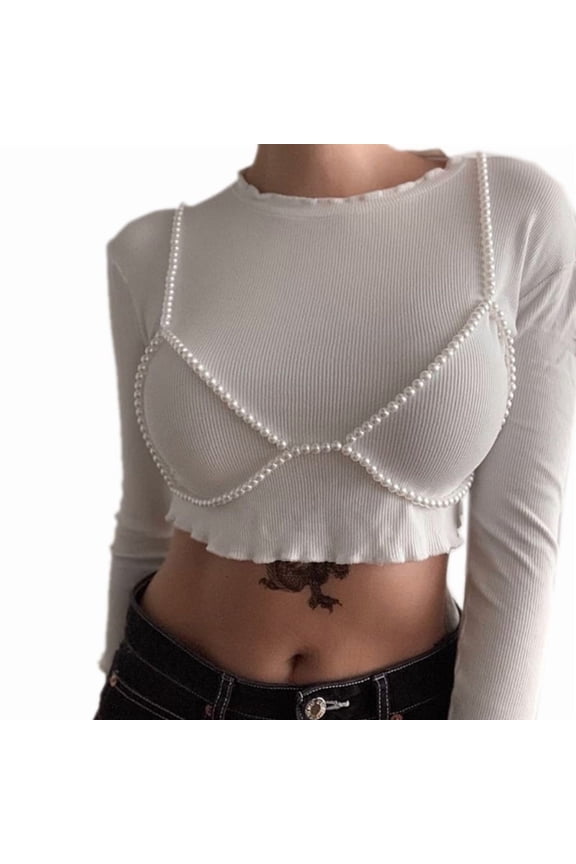 Women Pearl Beaded Halterneck Bras Body Jewelry Camisole Chest Chain Cover Up
