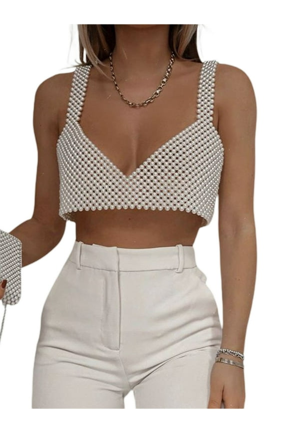 Women Pearl Cami Crop Tops Sleeveless Pearl Body Chain Sheer Vest Tank Streetwear Party Clubwear