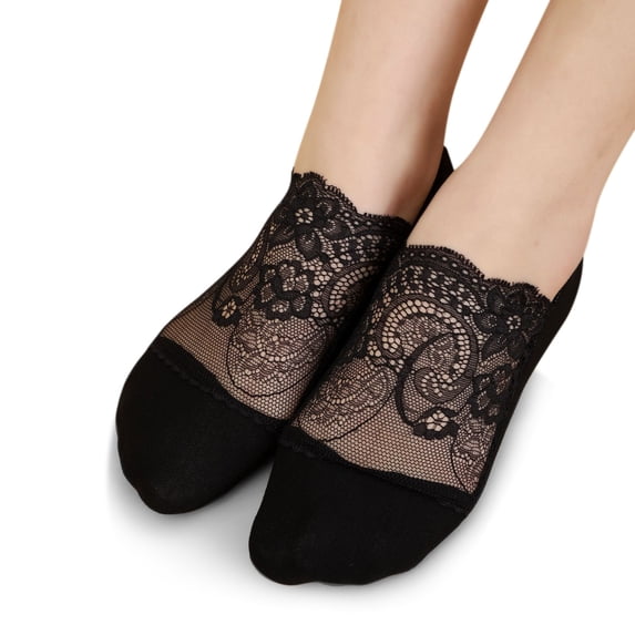 Women Pearl Lace Sock Slippers Breathable Ballerina Non Transparent Low Pairs, Black