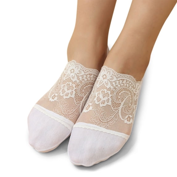 Women Pearl Lace Sock Slippers Breathable Ballerina Non Transparent Low Pairs, White