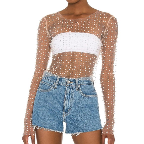 Women Pearl Rhinestone Sheer Mesh Crop Top Sexy See Through Long Sleeve Slim Fit Cropped Blouse Shirt Clubwear Tropical Swim Wear