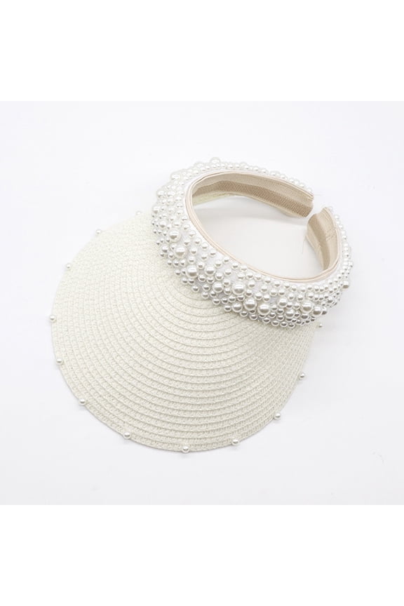 Women Pearl Sun Visor Hat Foldable Straw Hats for Summer UV Protection Roll-up Golf Visor Hat Summer Beach Hat
