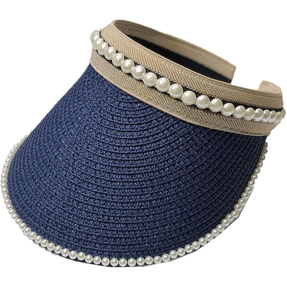 Women Pearl Sun Visor Hat Foldable Straw Hats for Summer UV Protection Roll-up Golf Visor Hat Summer Beach Hat