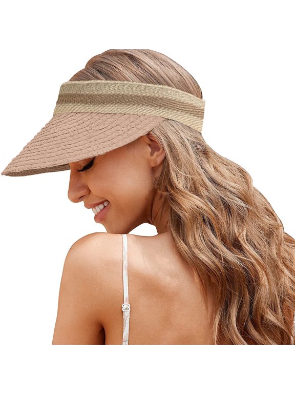 Women Pearl Sun Visor Hat Foldable Straw Hats for Summer UV Protection Roll-up Golf Visor Hat Summer Beach Hat