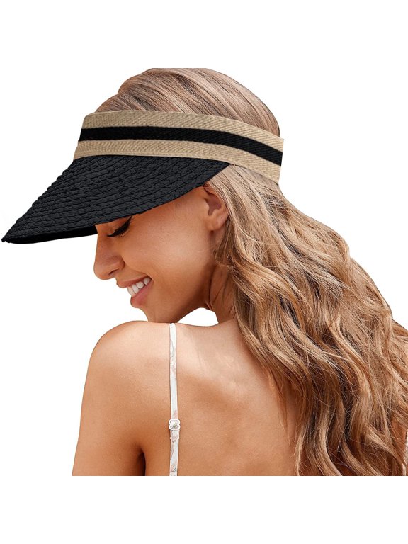 Women Pearl Sun Visor Hat Foldable Straw Hats for Summer UV Protection Roll-up Golf Visor Hat Summer Beach Hat