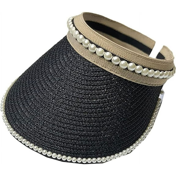 Women Pearl Sun Visor Hat Foldable Straw Hats for Summer UV Protection Roll-up Golf Visor Hat Summer Beach Hat