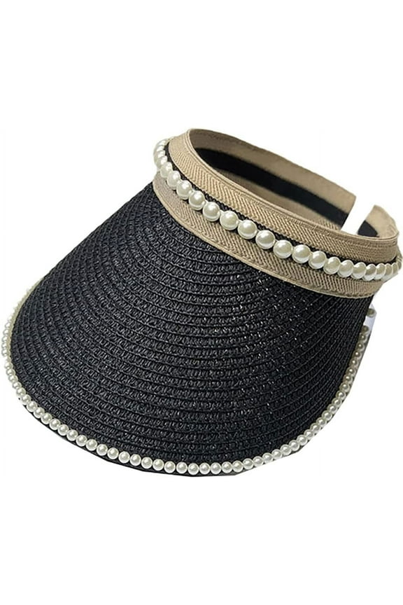 Women Pearl Sun Visor Hat Foldable Straw Hats for Summer UV Protection Roll-up Golf Visor Hat Summer Beach Hat