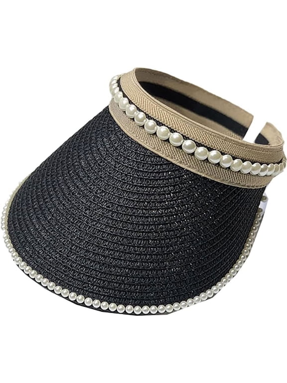 Women Pearl Sun Visor Hat Foldable Straw Hats for Summer UV Protection Roll-up Golf Visor Hat Summer Beach Hat