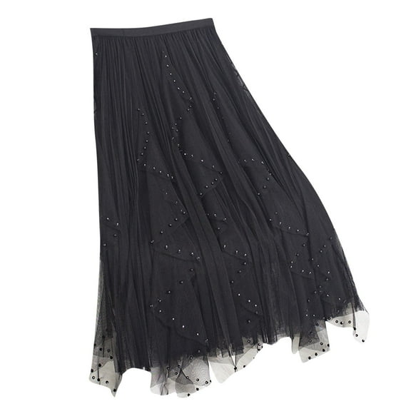 Women Pearl Tulle Skirts Fairy Ruffle Skirt Multilayer Pleated Dress Sheer Mesh A-Line Dress