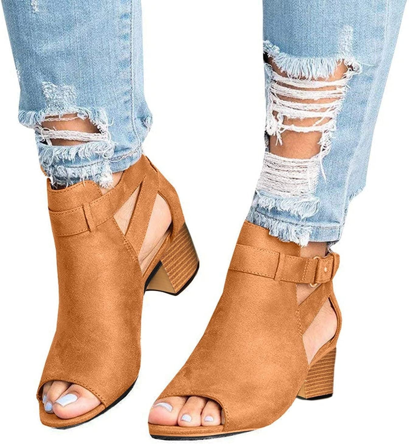 Women Peep Open Toe Boot Cut Out Buckle Ankle Bootie Stacked Block Chunky Low Heel Sandal Causal