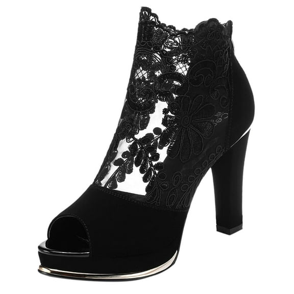 Women Peep Toe Ankle Bootie Lace Flowers Open Toes High Heels Ankle Cutout Boots Fashion Slingback Chunk Boots Shoes