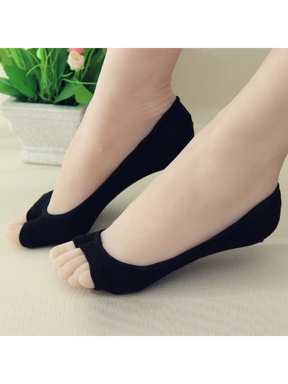 Women Peep Toe Liner Socks No Show with Nonslip Heel Grip Black