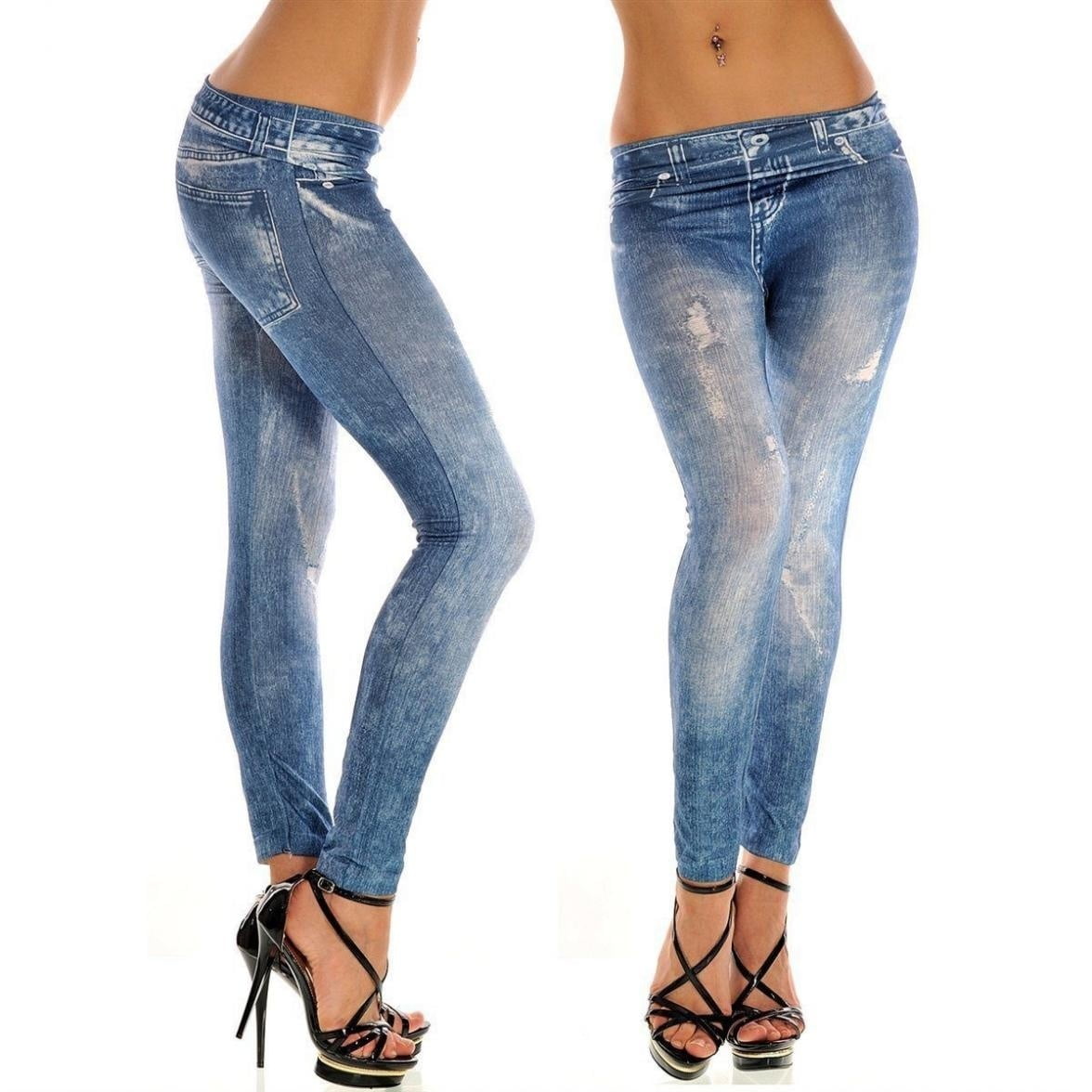 Women Stretchy Faux Denim Jeans High Waist Skinny Pencil Pants