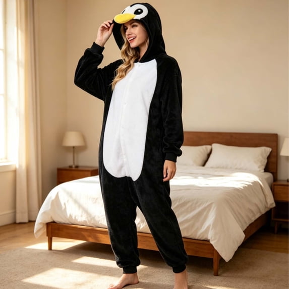 Women Penguin Onesie Hooded Warm Themed Loungewear For Holidays Relaxing Homewear Clothes