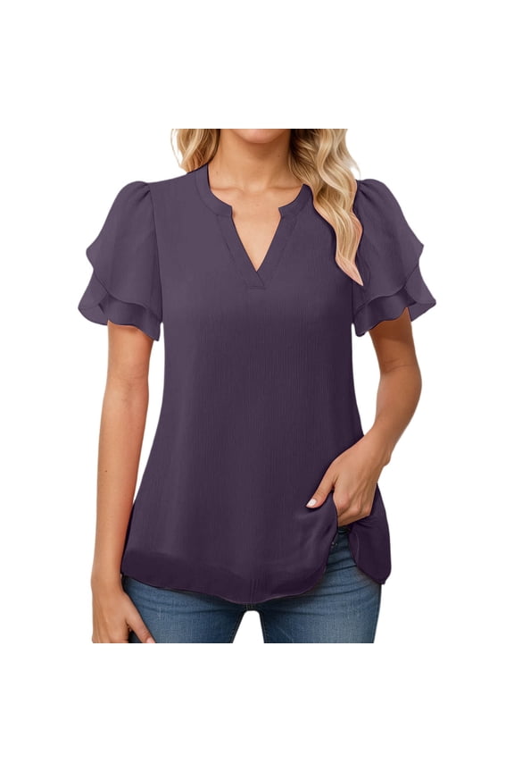 Women Peplum Hem T Shirt V Neck Flutter Sleeve Tees Elegant Casual Chiffon Summer Lightweight Relaxed Tops XXL