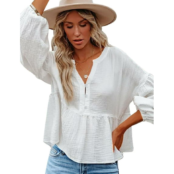 Women Peplum Tops Puff Sleeve Cotton Babydoll Swing Henley Shirts Button Up Loose Ruffle Hem Blouse