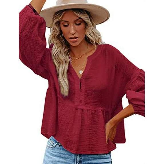 Women Peplum Tops Puff Sleeve Cotton Babydoll Swing Henley Shirts Button Up Loose Ruffle Hem Blouse