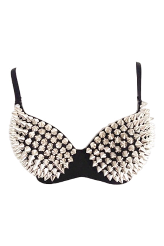Women Performance Bra Rivet Decor Long Tassel Spaghetti Strap Nightclub Party Pole Dancing Stripper Stage Show Cocktail Party Bra