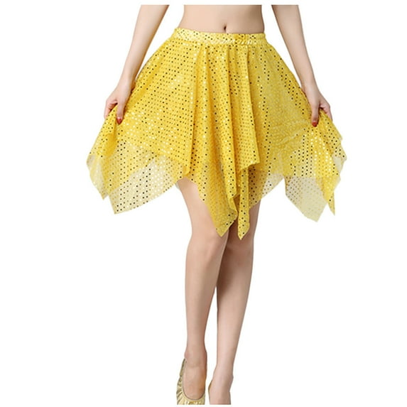 Women Performance Latina Skirt Solid Color Belly Latin Dance Sequins Irregular Skirt Shiny Nightclub Clothes