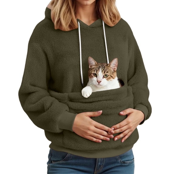 Women Pet Carrier Hoodie Cat Dog Pouch Holder Sweatshirt Shirt Top Larger Pocket Warm Long Sleeve Hooded Pullover Army Green L