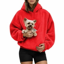 Women Pet Carrier Hoodie Cat Dog Pouch Holder Sweatshirt Shirt Top Larger Pocket Fleece Warm Long Sleeve Hooded Pullover,Color:Red,Size:L