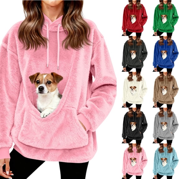 Women Pet Carrier Hoodie Cat Dog Pouch Holder Sweatshirt Shirt Top Larger Pocket Fleece Warm Long Sleeve Hooded Pullover Khaki XL
