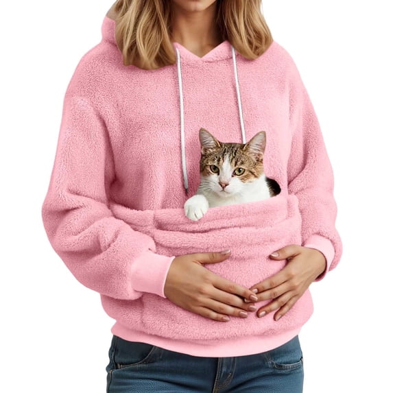 Women Pet Carrier Hoodie Cat Dog Pouch Holder Sweatshirt Shirt Top Larger Pocket Warm Long Sleeve Hooded Pullover Light Pink S