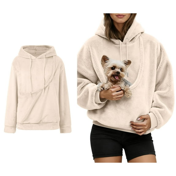 Women Pet Hoodie With Pouch Fleece Pullover Pet Carrier Hoodie Casual Long Sleeve Oversized Pocket Kangaroo Pouch Hoodies Fall Winter Clothes