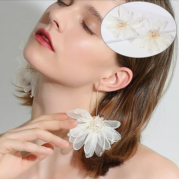 Women Petal Drop Earrings Flowers Dangle Earrings with Chiffon Floral Tassel for Vacation Wedding