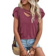 thumbnail image 1 of Women Petal Sleeve Top Casual V Neck Plain Color Dressy Loose Fit Summer Basic Tee Top Red Purple XL, 1 of 7