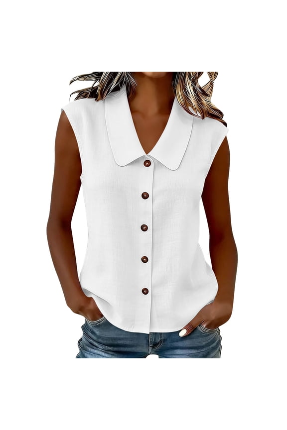 Women Peter Pan Collar Shirt Buttons Down Cute Summer Tank Tops Sleeveless Casual Business Gauzy Blouses