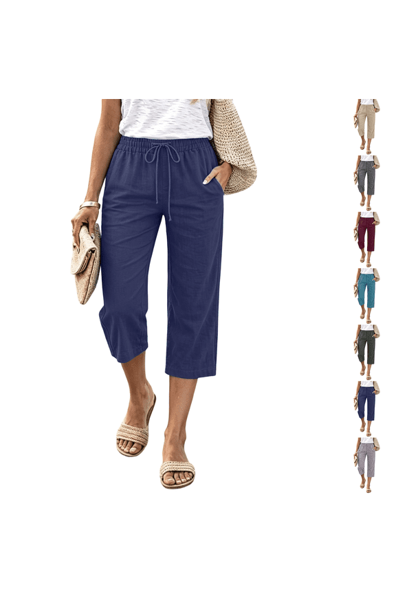 Women Petite Capris Pants Summer Casual Loose Drawstring Elastic High Waist Straight 2026 Lounge Beach Cropped Trousers Navy 2XL