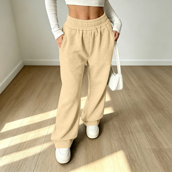 Women Petite Sweatpants Pull On Baggy No Drawstring Fleece Sweatpant Elastic Waist Casual Wide Leg Jogging Pants with Side Pockets