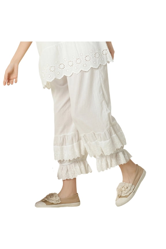 Women Pettipant Slip Cropped Pant Elastic Waist Wide Leg Long Bloomers Layered Ruffle Lace Underpant for Under Dress