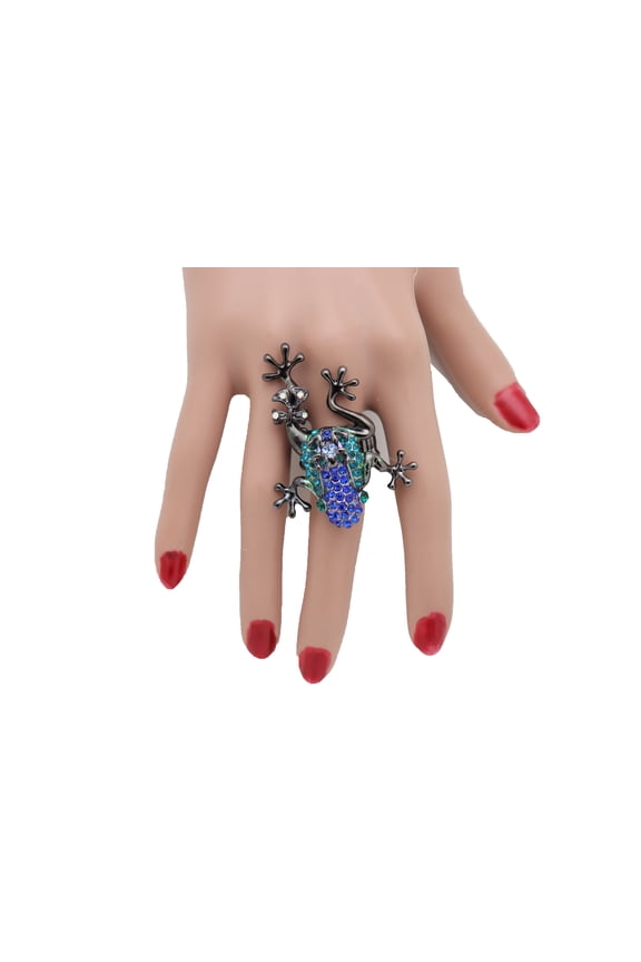 Women Pewter Black Ring Metal Blue Frog Animal One Size