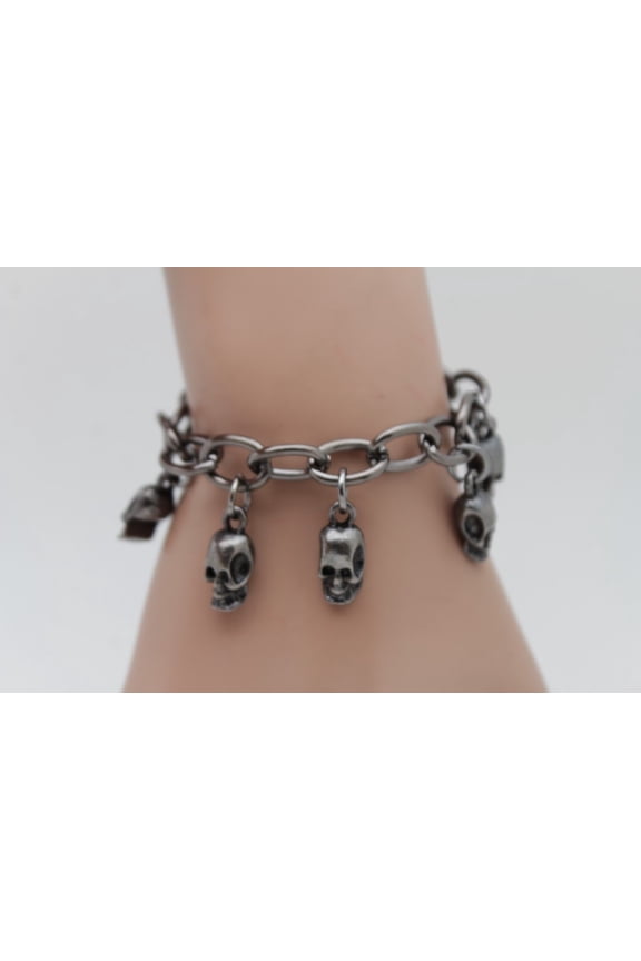 Women Pewter Color Metal Chain Gothic Bracelet Biker Fashion Jewelry Skull Charm