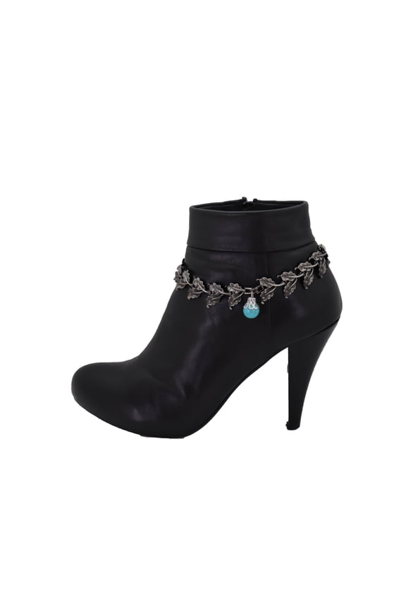 Women Pewter Metal Chain Boot Bracelet Shoe Turquoise Blue Bead Leaf Charms