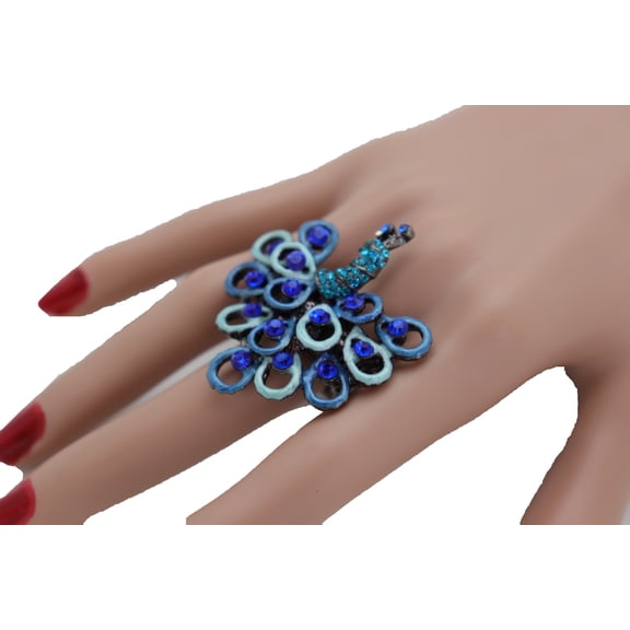 Women Pewter Metal Ring Peacock Bird Feathers Blue