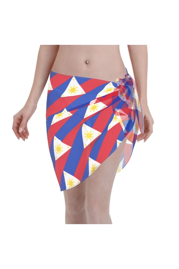 Women Philippines Flag Sarong Coverups Chiffon Short Swimsuit Wrap Skirt Beach Bikini Tie Cover Up Wraps