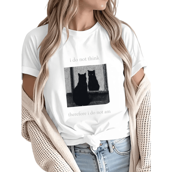 Women Philosophy Black Cat Mirror Graphic Fun Tees Tops Round Neck Printed Cotton T-Shirt White S-5XL