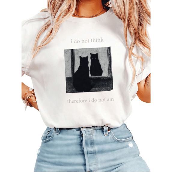 Women Philosophy Black Cat Mirror Graphic Tees T-Shirt Tops Round Neck Printed Cotton T-Shirt White S-5XL