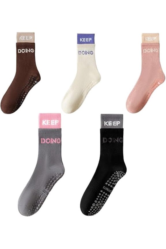 Women Pilates Grip Socks Non Slip – 3 Pairs Breathable Mid-Calf Yoga Barre Socks with Letter Print for Gym Workout Athletic Use